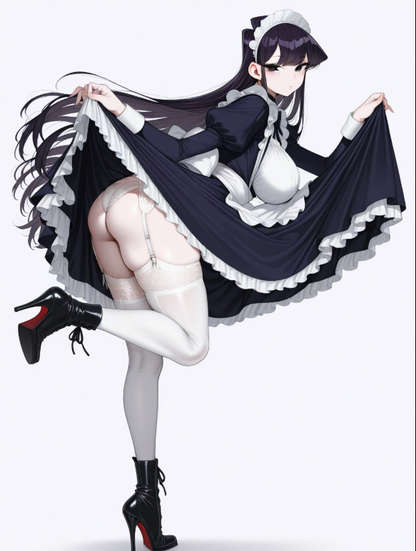 1girls ai_generated cleavage female female_focus female_only heel_boots high_heels komi-san_wa_komyushou_desu komi_can't_communicate komi_shouko looking_at_viewer maid pantyhose posing pulling_clothing solo solo_female solo_focus white_pantyhose