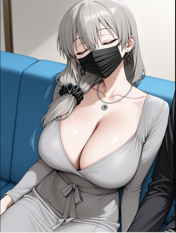 1boy 1girls ai_generated big_breasts breasts closed_eyes grey_dress grey_hair jewelry mask mother mouth_mask necklace sitting train_interior uzaki-chan_wa_asobitai! uzaki_tsuki