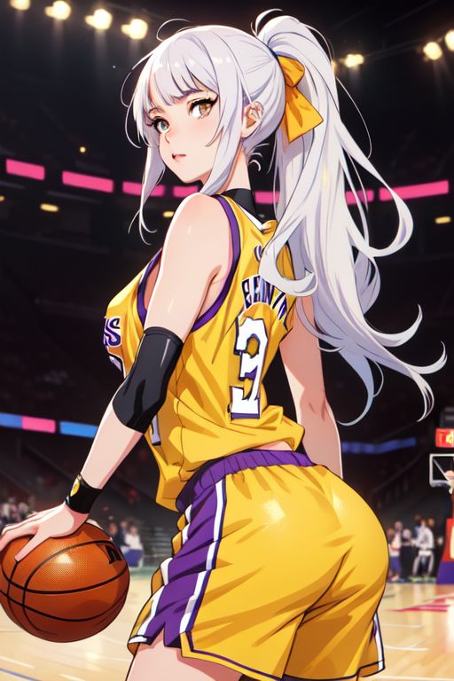 ai_generated august_yuki basketball basketball_uniform female female_focus female_only jersey long_hair los_angeles_lakers ponytail shorts solo solo_female solo_focus sport sportswear tied_hair uniform white_hair whxsperrai