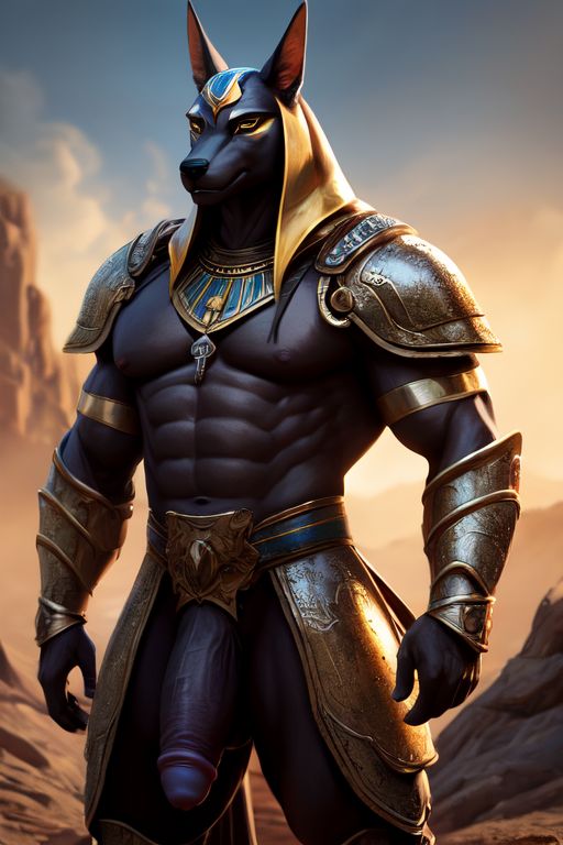 ai_generated anubis armor balls brown_body cock erect furry male muscular semi-naked semi-nude solo