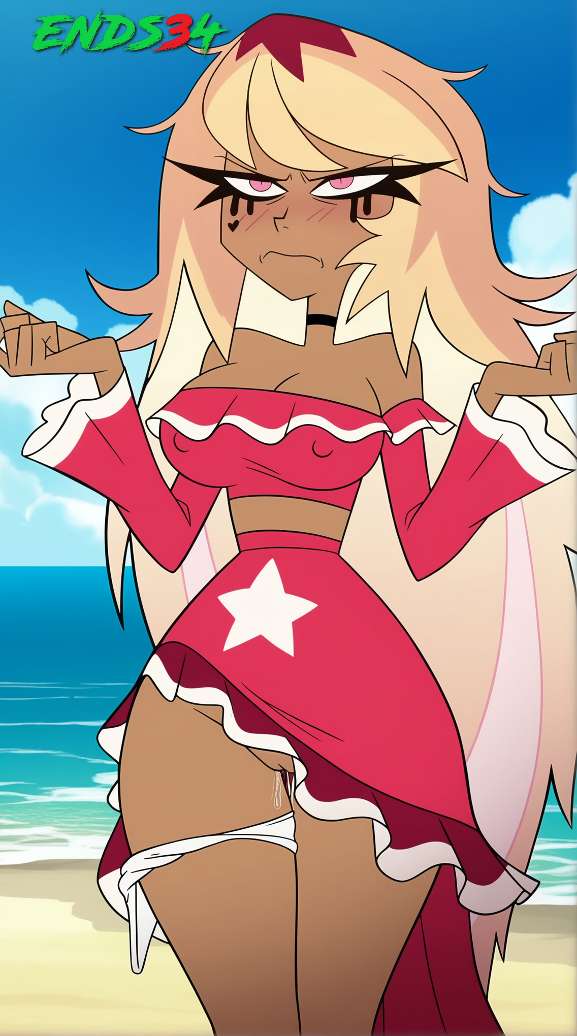 2025, ai generated, beach, big breasts, breasts, dark-skinned female, dress, dress lift, ends34, female, female only, helluva boss, hips wider than shoulders, human verosika mayday, long hair, nipples visible through clothing, panties aside, pink eyes, pussy, pussy juice, verosika mayday (helluva boss)
