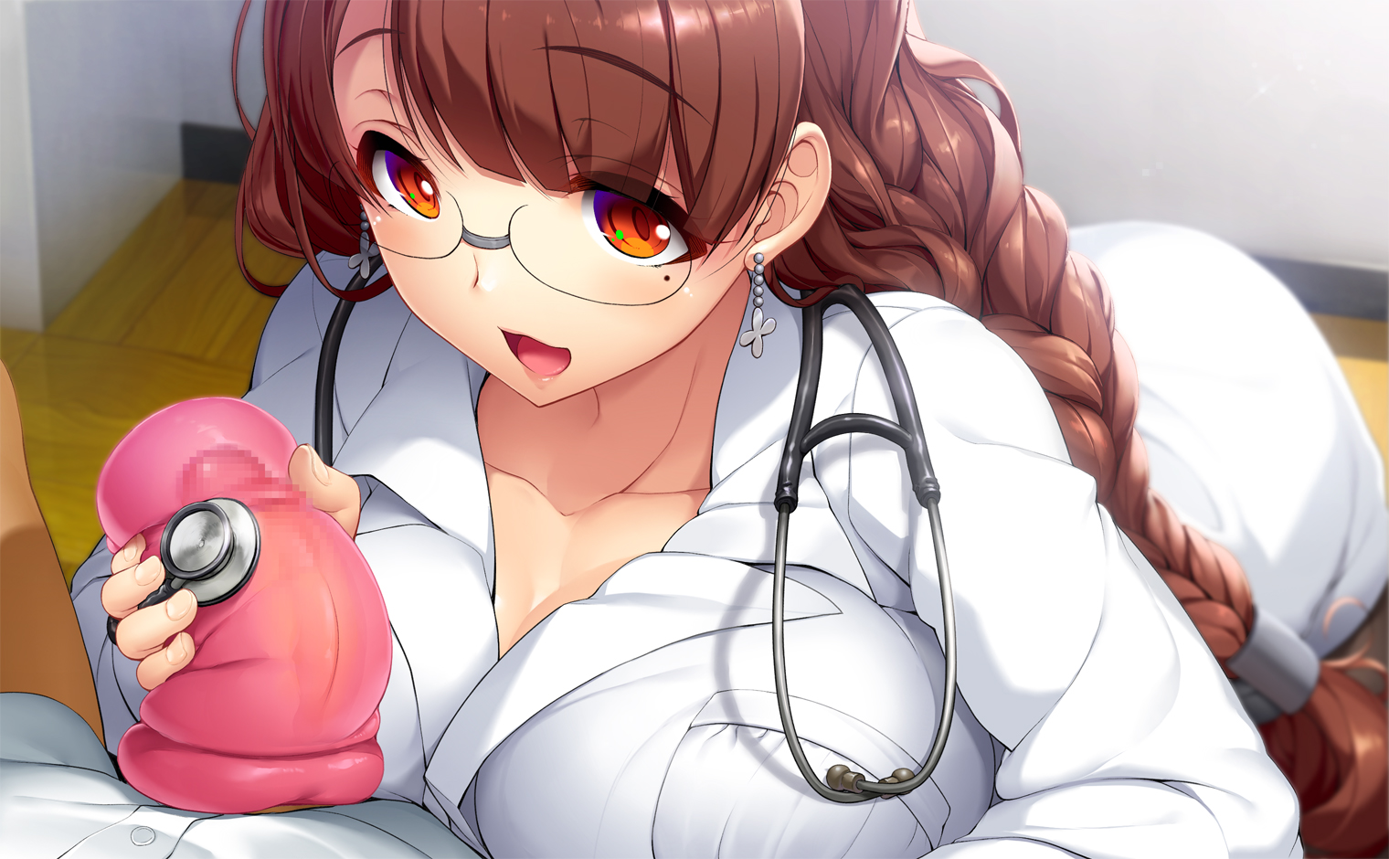 artificial vagina, braid, brown eyes, brown hair, censored, earrings, female, glasses, jewelry, kirin kakeru, long hair, looking at viewer, low-tied long hair, male, mole, mosaic censoring, nurse, open mouth, original, penis, single braid, solo focus, stethoscope, tied hair, upper body, vehicle