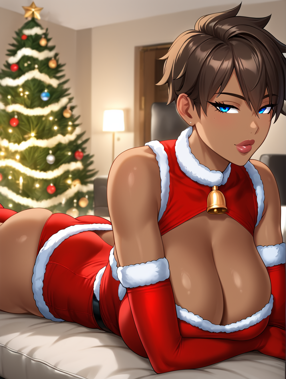 ai_generated bell_collar blue_eyes brown_hair bursting_breasts christmas christmas_clothing christmas_outfit christmas_tree curvy dark-skinned_female dominant_female ebony female gigantic_ass gigantic_breasts gigantic_thighs half-closed_eyes hanging_breasts huge_ass huge_breasts instagram living_room luziva lying lying_on_bed lying_on_stomach navel sagging_breasts sexy.ai short_hair shorts slim_waist squished_breasts tagme tan_body tan_skin tank_top thicc thick_legs thick_lips thick_thighs thighs thin_female thin_waist tight_clothing tight_fit tomboy very_dark_skin wide_hips