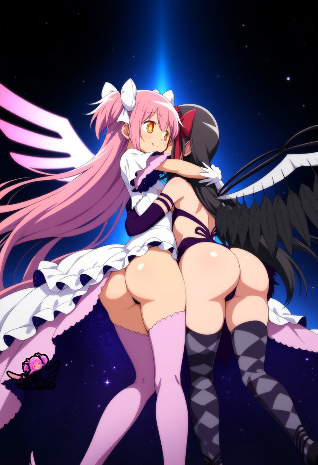 2girls ai_generated akemi_homura akuma_homura artist_logo ass ass ass_focus black_hair bubble_ass bubble_butt butt_focus cosmic_background couple demon_girl devil devil_girl female female_only girls_only goddess hi_res hug huge_ass huge_butt hugging long_hair madoka_kaname madoka_worship magical_girl magical_girl_outfit mahou_shoujo_madoka_magica multiple_girls outer_space pink_hair puella_magi_madoka_magica round_ass round_butt smile space straight_hair thong twintails ultimate_madoka upskirt very_long_hair wide_hips wings yellow_eyes yuri