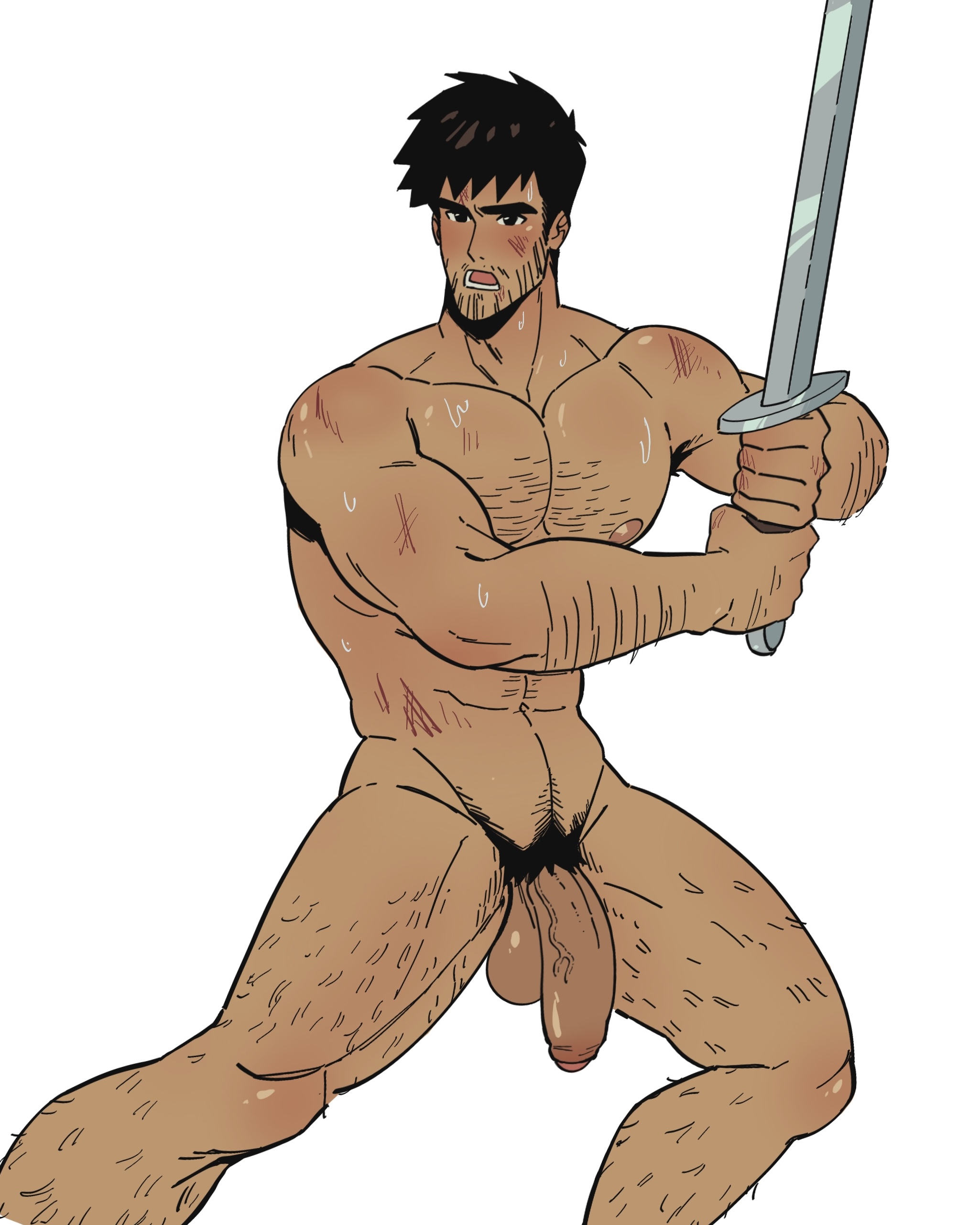 1boy, abs, arthur (toumaart), balls, bara, biceps, big balls, big penis, gay, gay male, male, male nipples, male only, masculine male, muscular, muscular male, nipples, nude, pecs, penis, scar, solo, sweat, sweating, sword, toumaart, yaoi