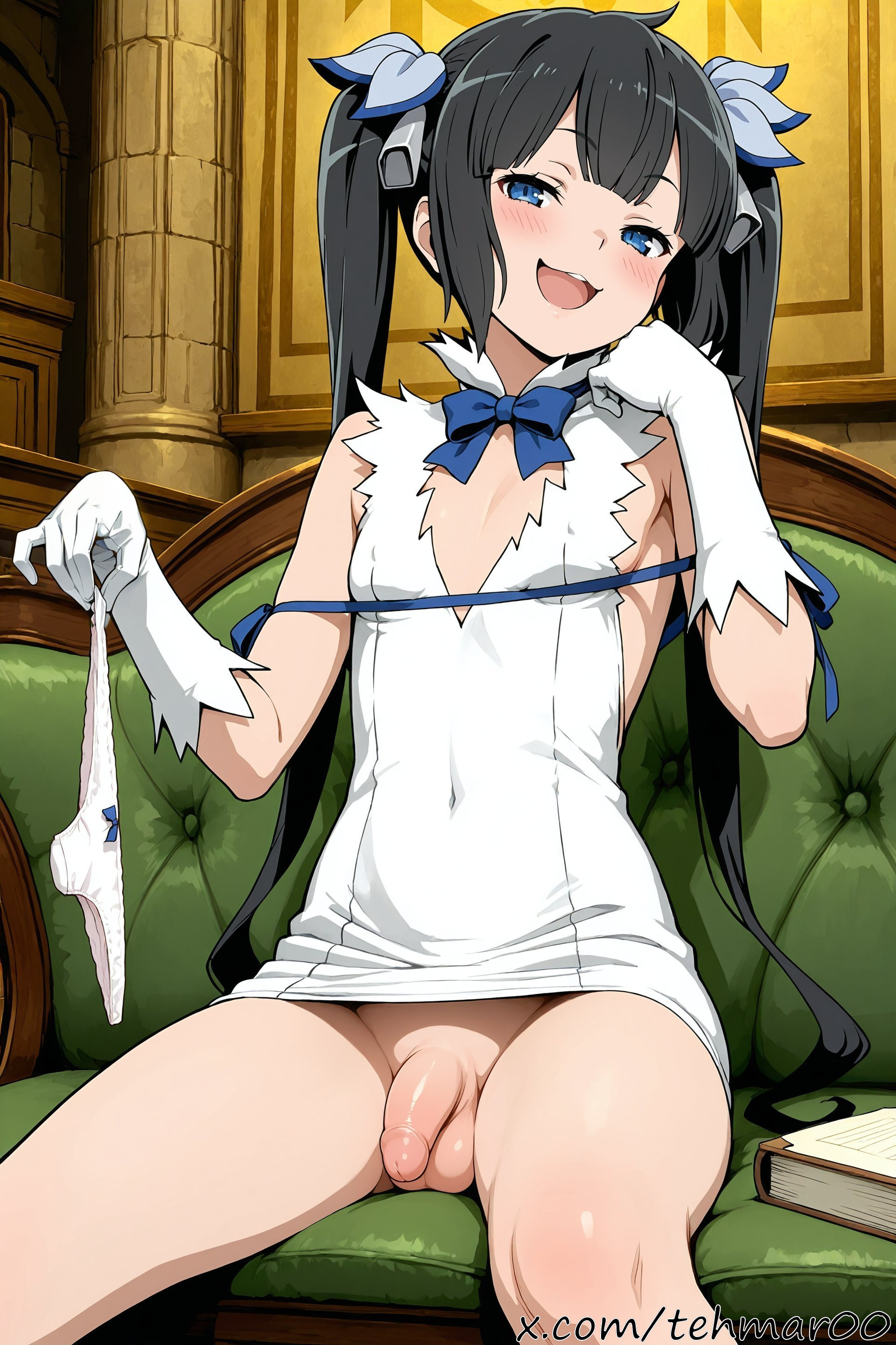 1boy, ai generated, black hair, blue eyes, blue ribbon, blush, book, bow, couch, covered navel, dress, dungeon ni deai wo motomeru no wa machigatteiru darou ka, femboy, flaccid, genderswap (ftm), gloves, hair ribbon, hestia (danmachi), holding, holding panties, indoors, light-skinned male, long hair, looking at viewer, male, male only, naughty face, open mouth, panties, panties removed, penis, rei no himo, ribbon, rule 63, short dress, sitting, sleeveless, smile, solo, tagme, tehmar, testicles, trans woman, transfem, trap, twintails, white dress, white gloves, white panties