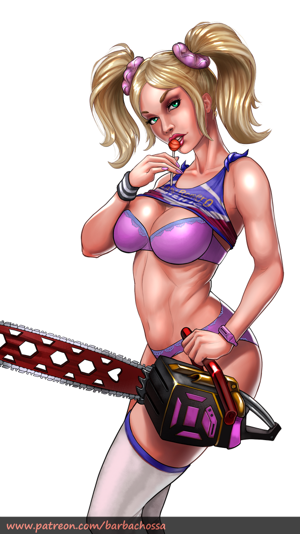 1girls barbachossa big_breasts blonde_female blonde_hair bra breasts chainsaw green_eyes juliet_starling lollipop lollipop_chainsaw lollipop_in_mouth panties pink_bra pink_panties solo solo_female twintails