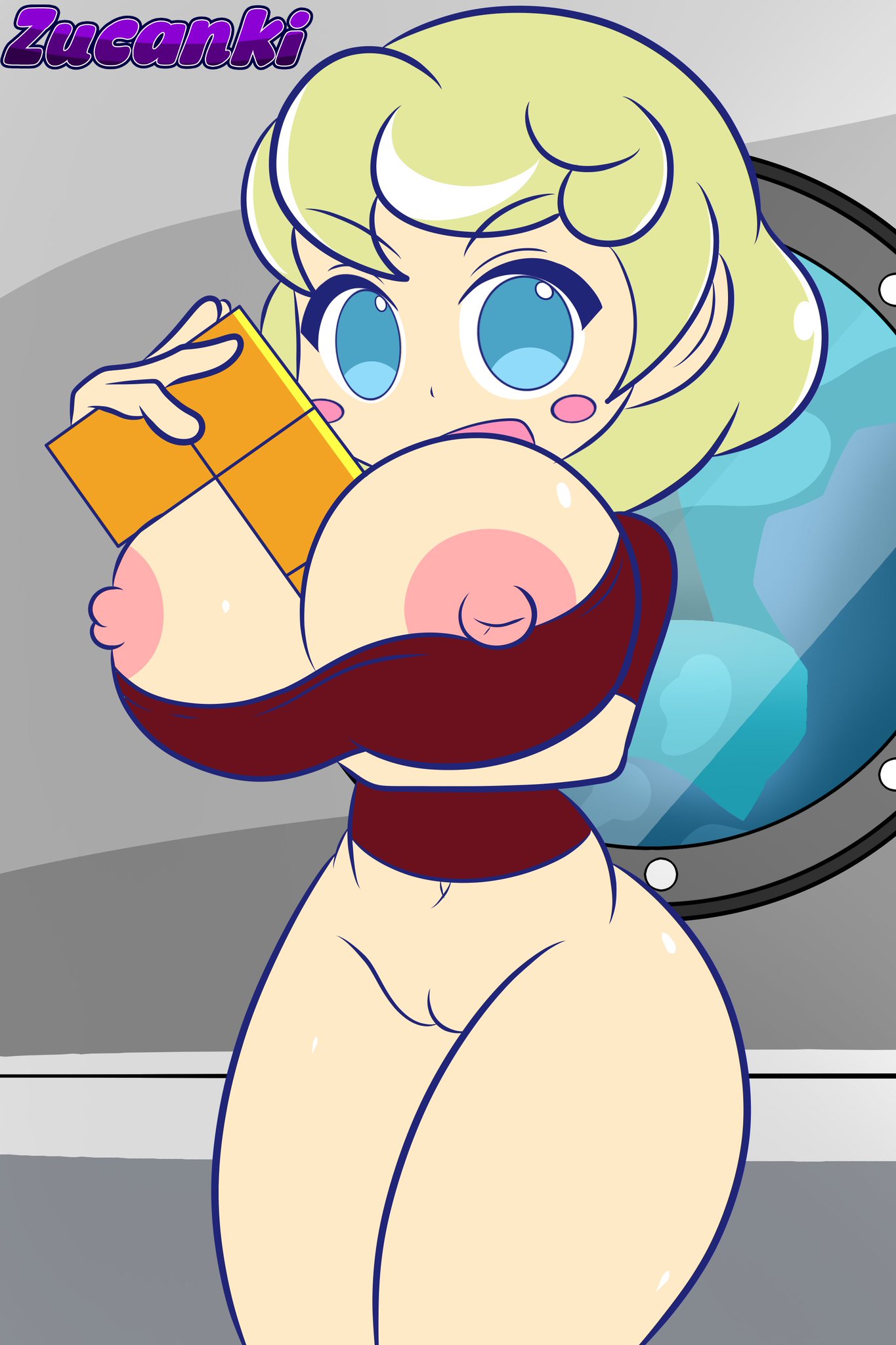 1girls areolae blue_eyes blush_stickers bottomless breasts breasts_out clothing elle_(puyo_puyo) green_hair huge_breasts large_breasts navel nipple_slip nipples nipples_outside object_between_breasts presenting presenting_breasts presenting_pussy pussy puyo_puyo puyo_puyo_tetris shirt short_hair smile smug solo teasing tetris tetromino thick_thighs wide_hips zucanki