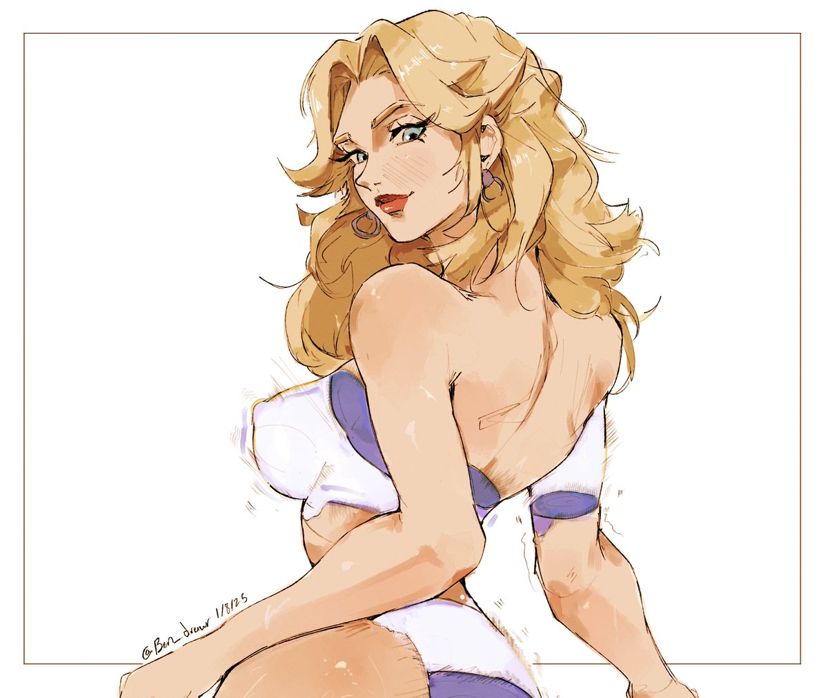1girls, 2d, back view, big breasts, blonde hair, blue eyes, bon drawr, breasts, fantastic four, female, female focus, fully clothed, highres, invisible woman, invisible woman (marvel rivals), light skin, light-skinned female, lipstick, looking back, makeup, marvel, marvel comics, marvel rivals, simple background, sue richards, sue storm, white background