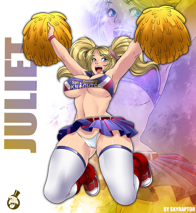 1girls big_breasts blonde_female blonde_hair blue_eyes breasts cheerleader cheerleader_uniform juliet_starling lollipop_chainsaw panties pom_poms skirt skirt_up skyraptor solo solo_female thick_thighs thighhighs thighs twintails white_panties white_thighhighs