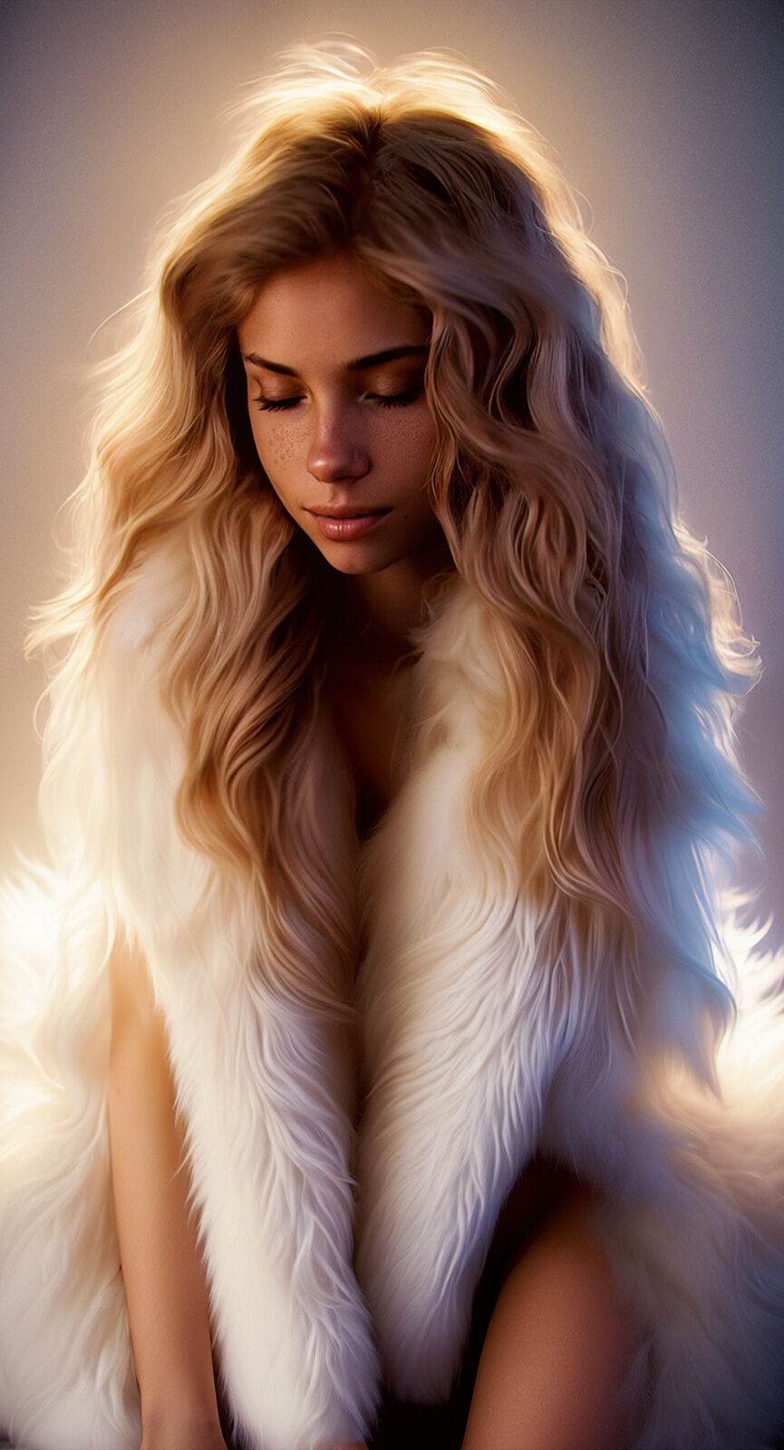 ai_assisted ai_generated backlighting bare_arms blonde_female closed_eyes fur_coat gay long_hair looking_down original_character_martin wavy_hair yuni