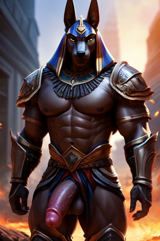 ai_generated anubis armor balls brown_body cock erect furry male muscular semi-naked semi-nude solo