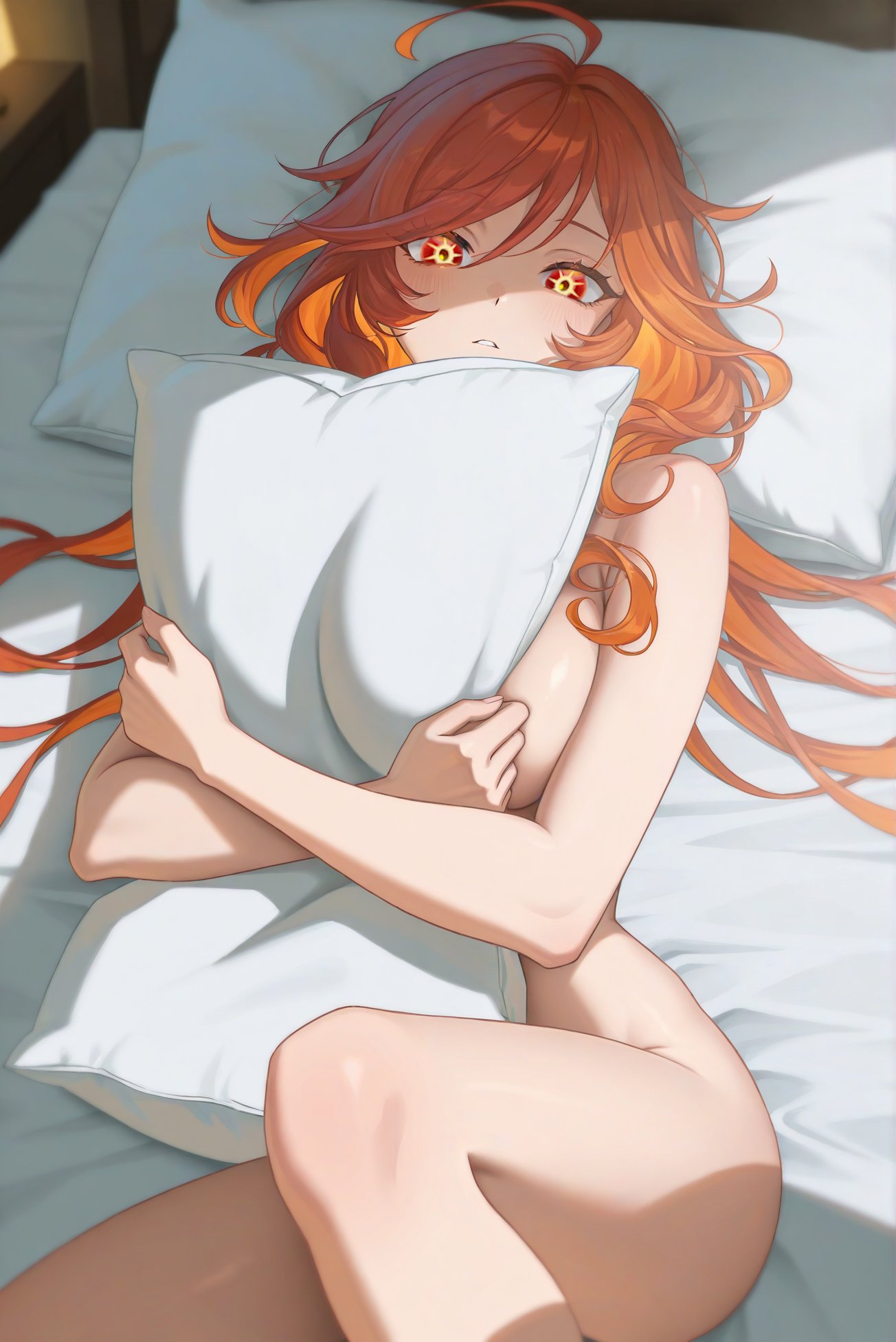 1girls ai_generated bed big_breasts covering covering_body genshin_impact mavuika_(genshin_impact) nude nude_female pillow pillow_grab solo timmytommy