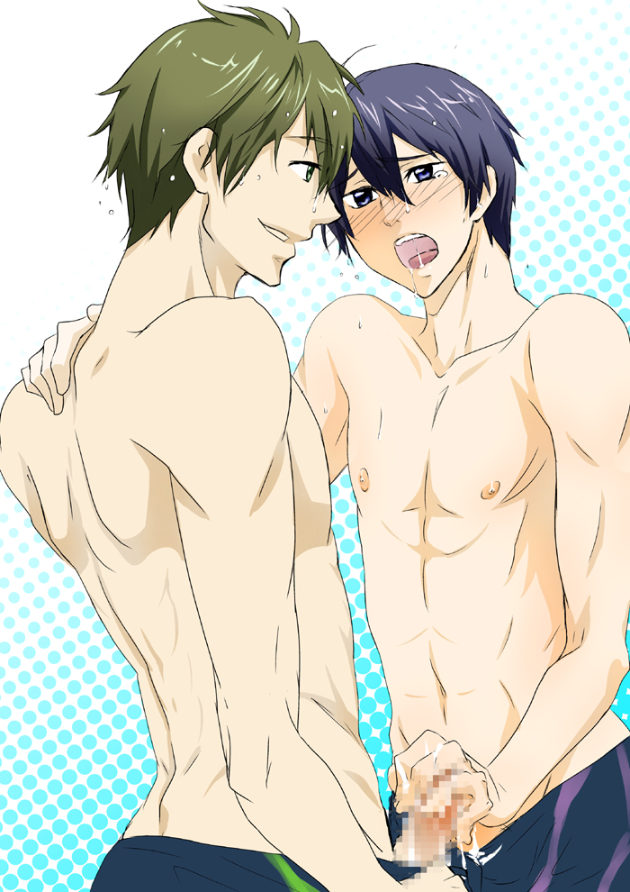 2boys abs blush censored cum erection free! frottage handjob male_only mosaic_censoring muscle nanase_haruka_(free!) pecs penis smile sweat tachibana_makoto tagme topless wince yaoi