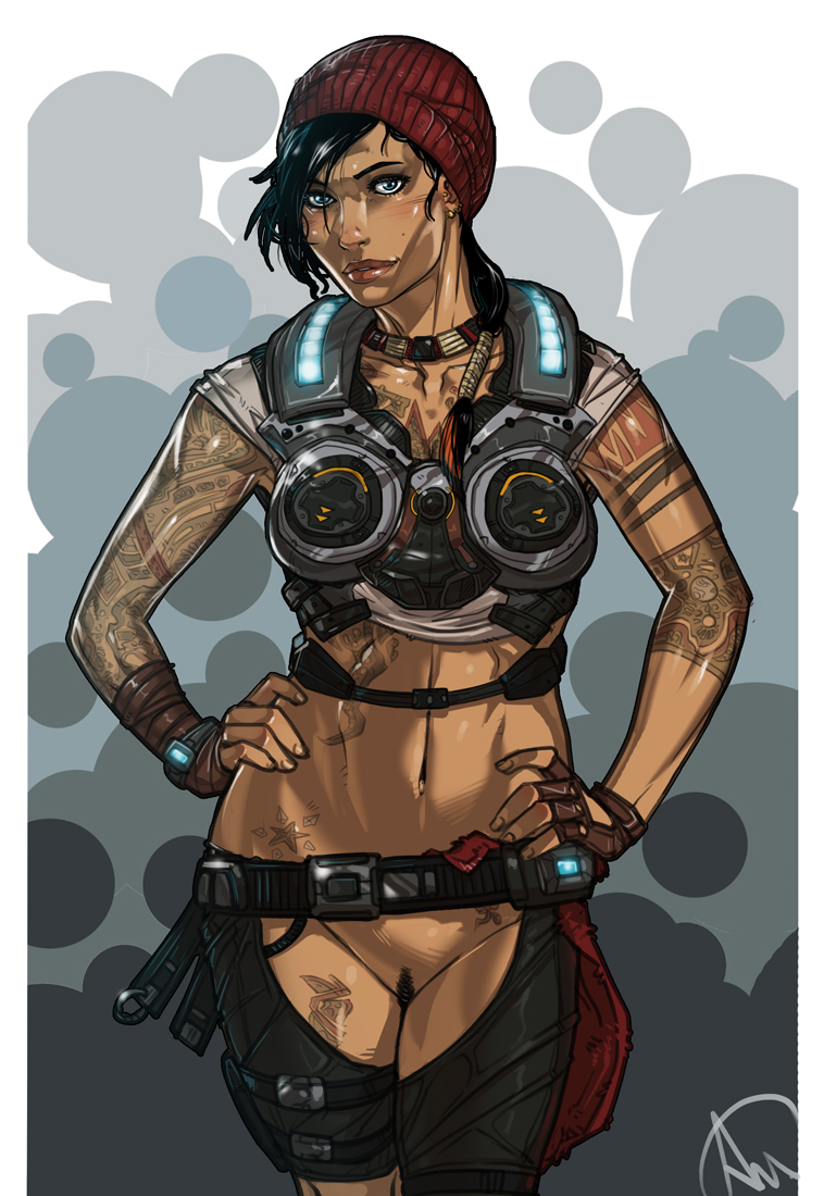 armor, belt, black hair, blue eyes, bracelet, casual, crotchless clothes, female, fingerless gloves, ganassa, gears of war, gloves, glowing, hair, hand on hip, hat, headgear, kait diaz, latina, latina female, looking at viewer, military, navel, pubic hair, short hair, smile, solo, tattoo