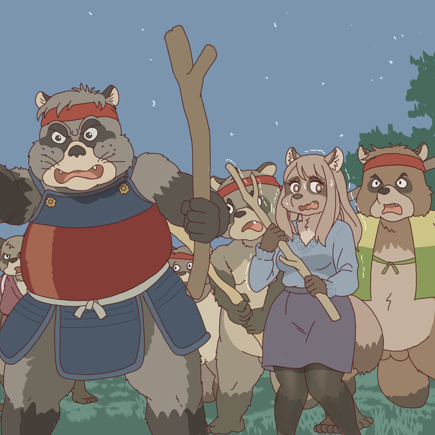 anthro armor balls barely_visible_balls barely_visible_genitalia bodily_fluids canid canine clothed clothing ekaki510 female genitals ghibli gonta_takagamori group kemono male mammal pom_poko raccoon_dog scared stick sweat sweatdrop tanuki