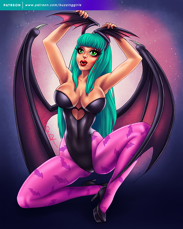 1girls big_breasts breasts buzzinggirls curvy_figure darkstalkers female_only green_eyes green_hair head_wings huge_breasts large_breasts morrigan_aensland wings