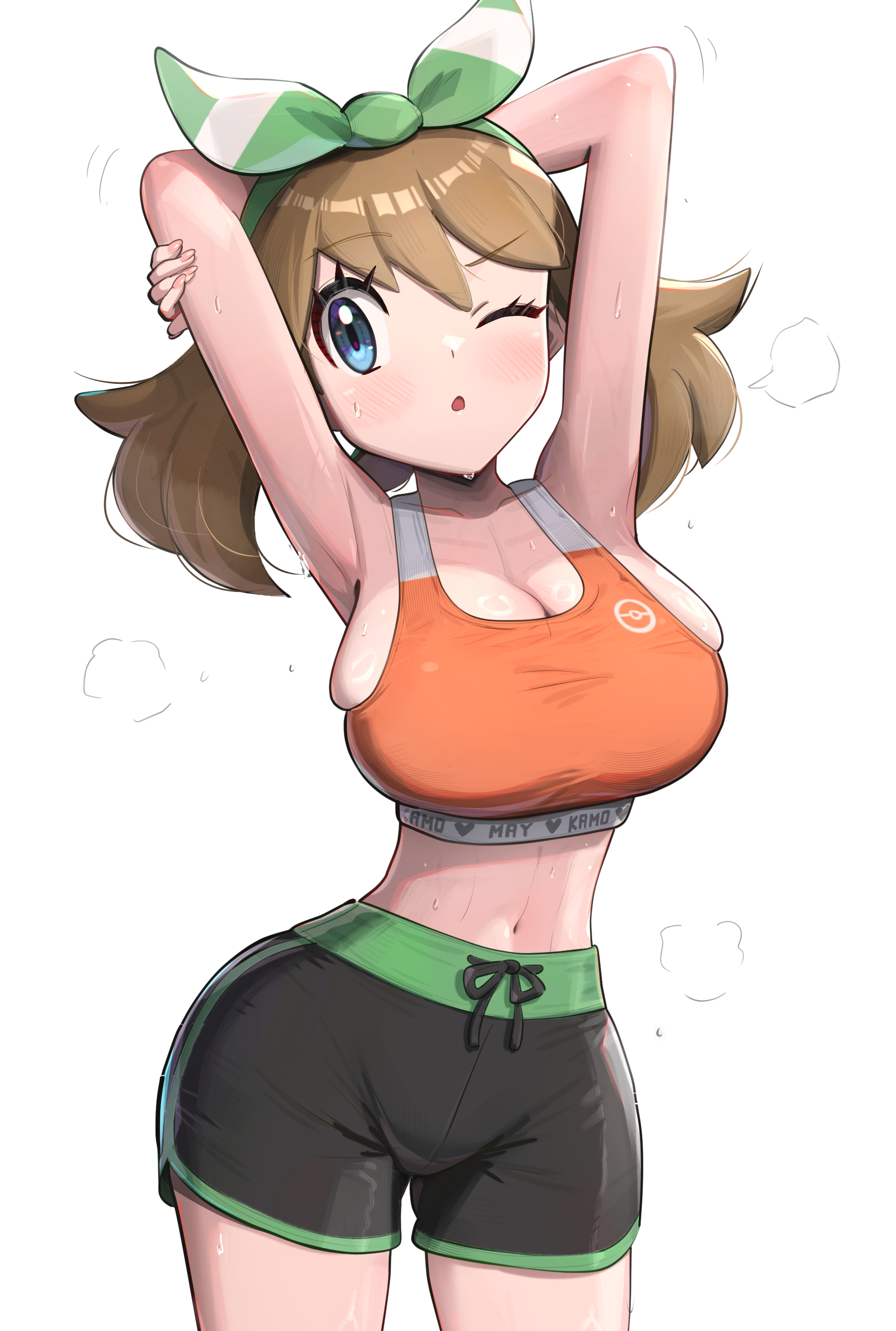 1girls, absurdres, armpits, bare arms, bare shoulders, black shorts, blue eyes, blush, bow hairband, breasts, brown hair, cleavage, female, female only, gonzarez, hairband, highres, large breasts, looking at viewer, may (pokemon), midriff, navel, nintendo, one eye closed, orange sports bra, parted lips, pokemon, pokemon emerald, pokemon rse, shorts, simple background, solo, sports bra, sweat, white background, workout clothes