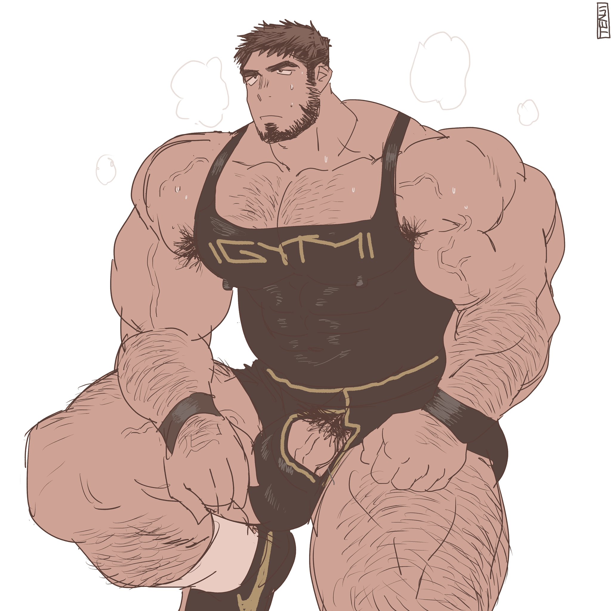 abs, armpit hair, bara, biceps, big bulge, bulge, clothing, flaccid, male, male only, masculine male, muscular, muscular male, pecs, penis, solo, sweat, sweating, ten g89, tight clothing, yaoi