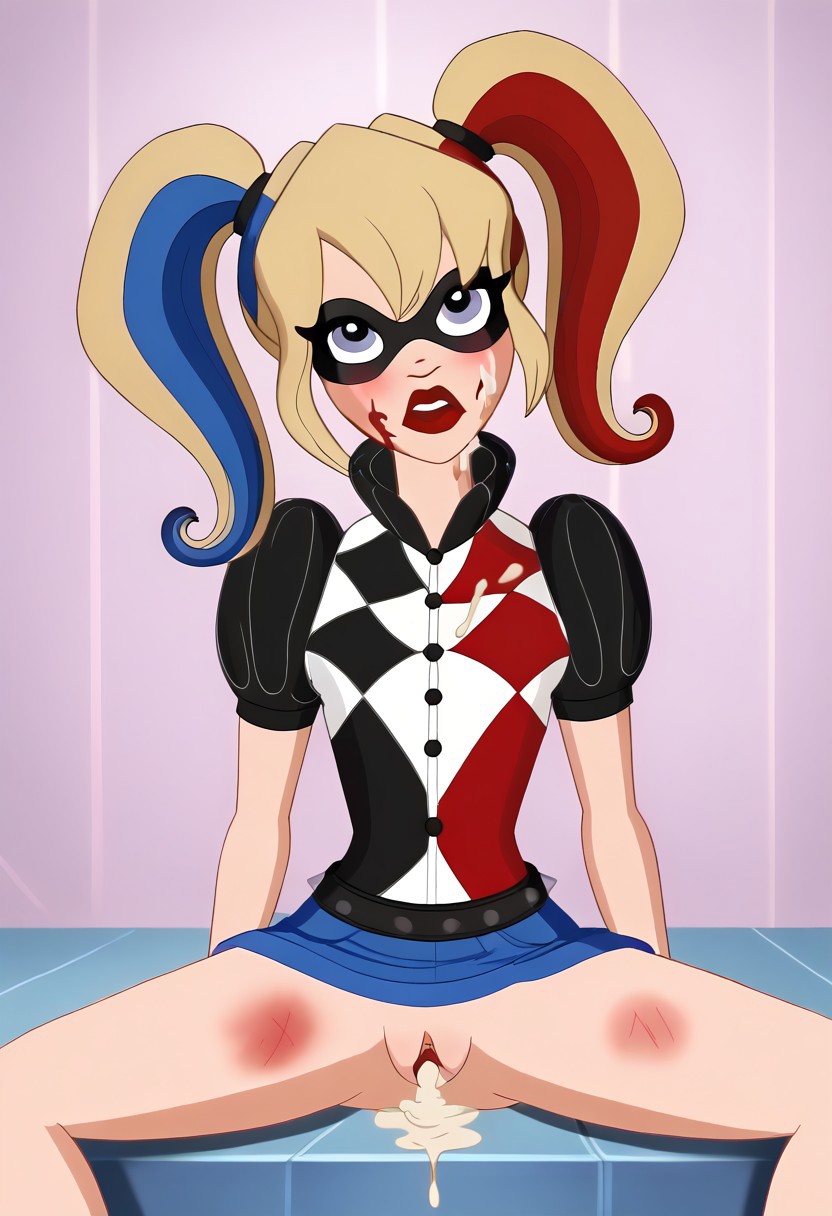 after_rape after_sex ai_generated blood broken bruise cum cum_in_pussy dc dc_comics dc_super_hero_girls defeated domino_mask harley_quinn injury open_mouth pussy rape sex sitting spread_legs tile_wall twintails vulva