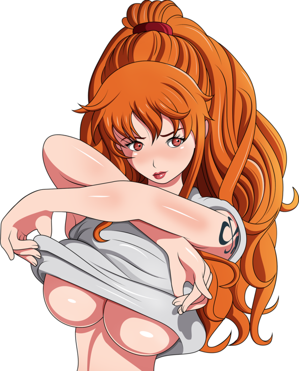 1girls admontanheiro breasts busty cleavage eyeliner female female_only lipstick long_hair makeup nami one_piece orange_hair post-timeskip shirt_lift shounen_jump solo tattoo underboob undressing voluptuous