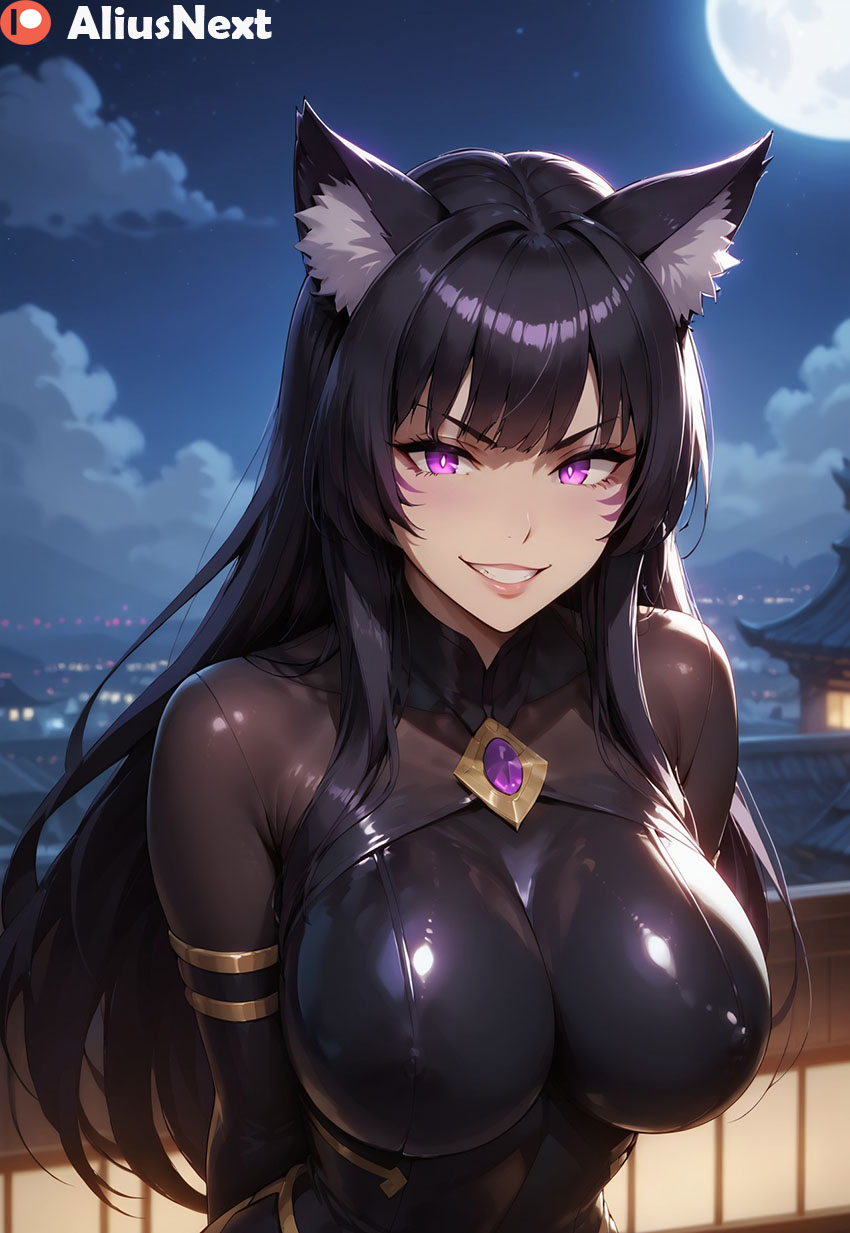 1girls ai_generated aliusnext animal_ears big_breasts black_hair bodysuit breasts breasts crazy crazy_eyes delta_(the_eminence_in_shadow) facial_markings female grin high_quality high_resolution highres huge_ass huge_breasts patreon purple_eyes tagme the_eminence_in_shadow yandere