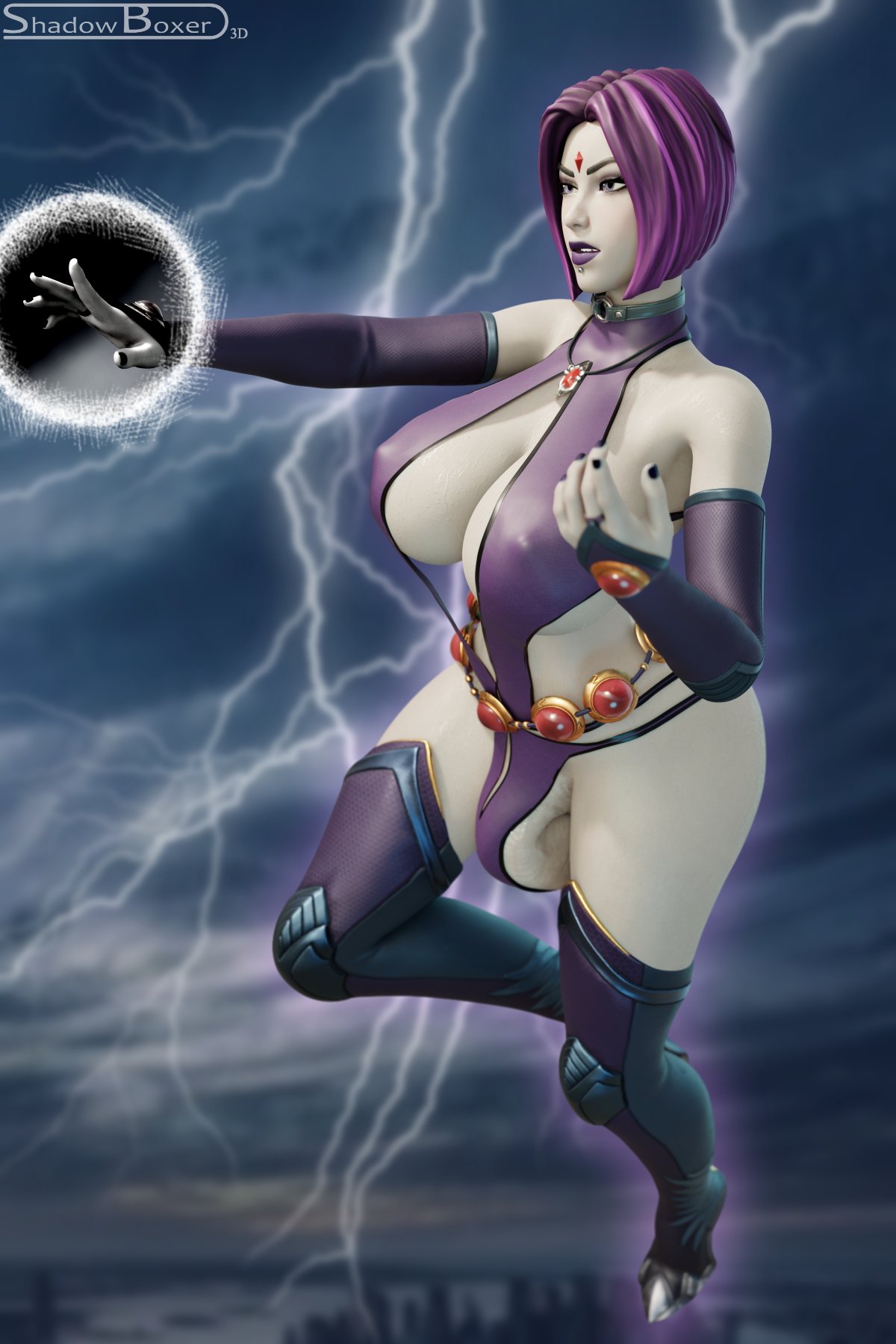 1futa 3d big_breasts breasts bulge bulge_through_clothing dc_comics futanari huge_breasts raven_(dc) shadowboxer solo teen_titans