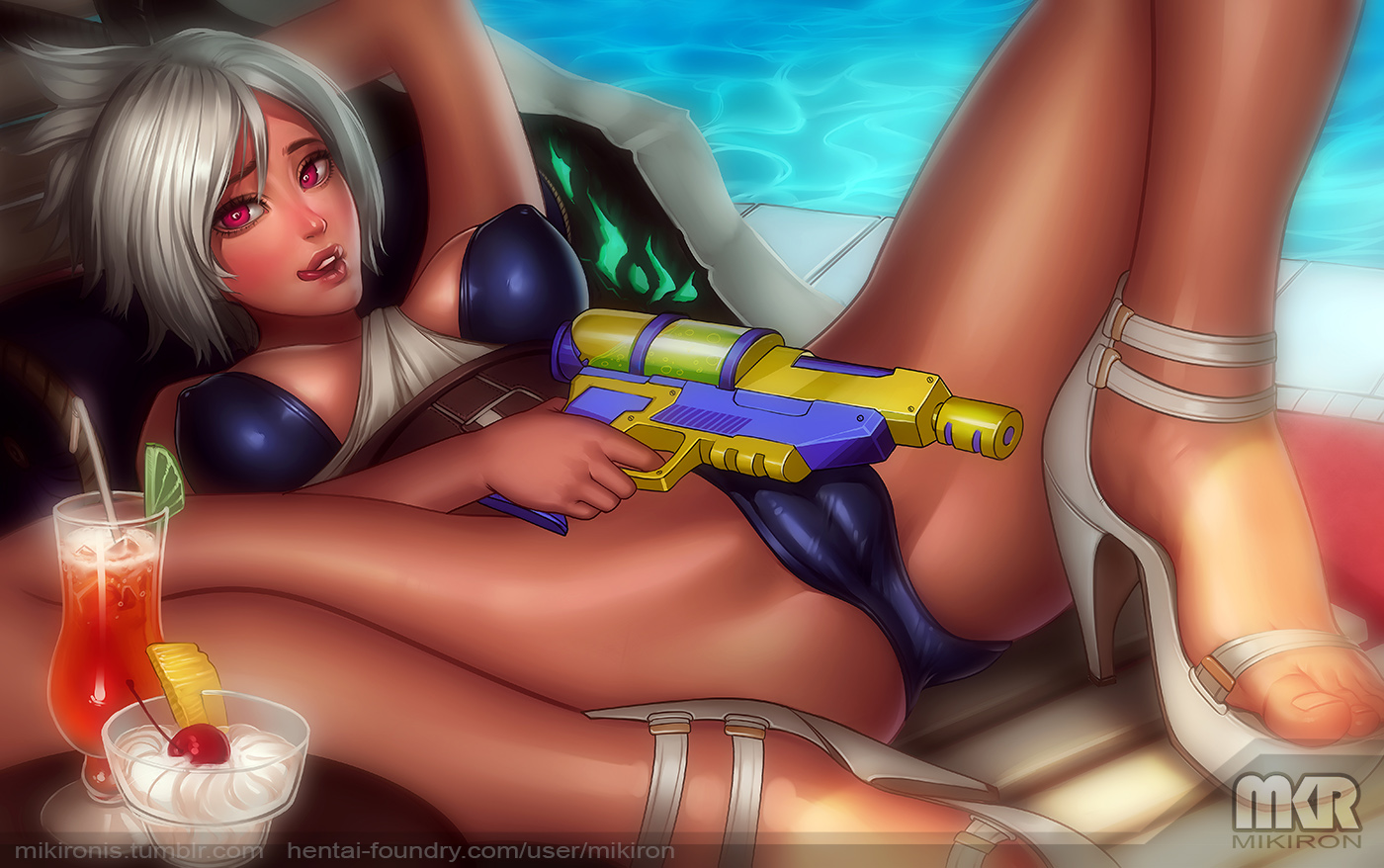 bikini, cameltoe, feet, female, league of legends, licking lips, lying, mikiron, open toe shoes, pool party, pussy, riven, solo, toes, white hair