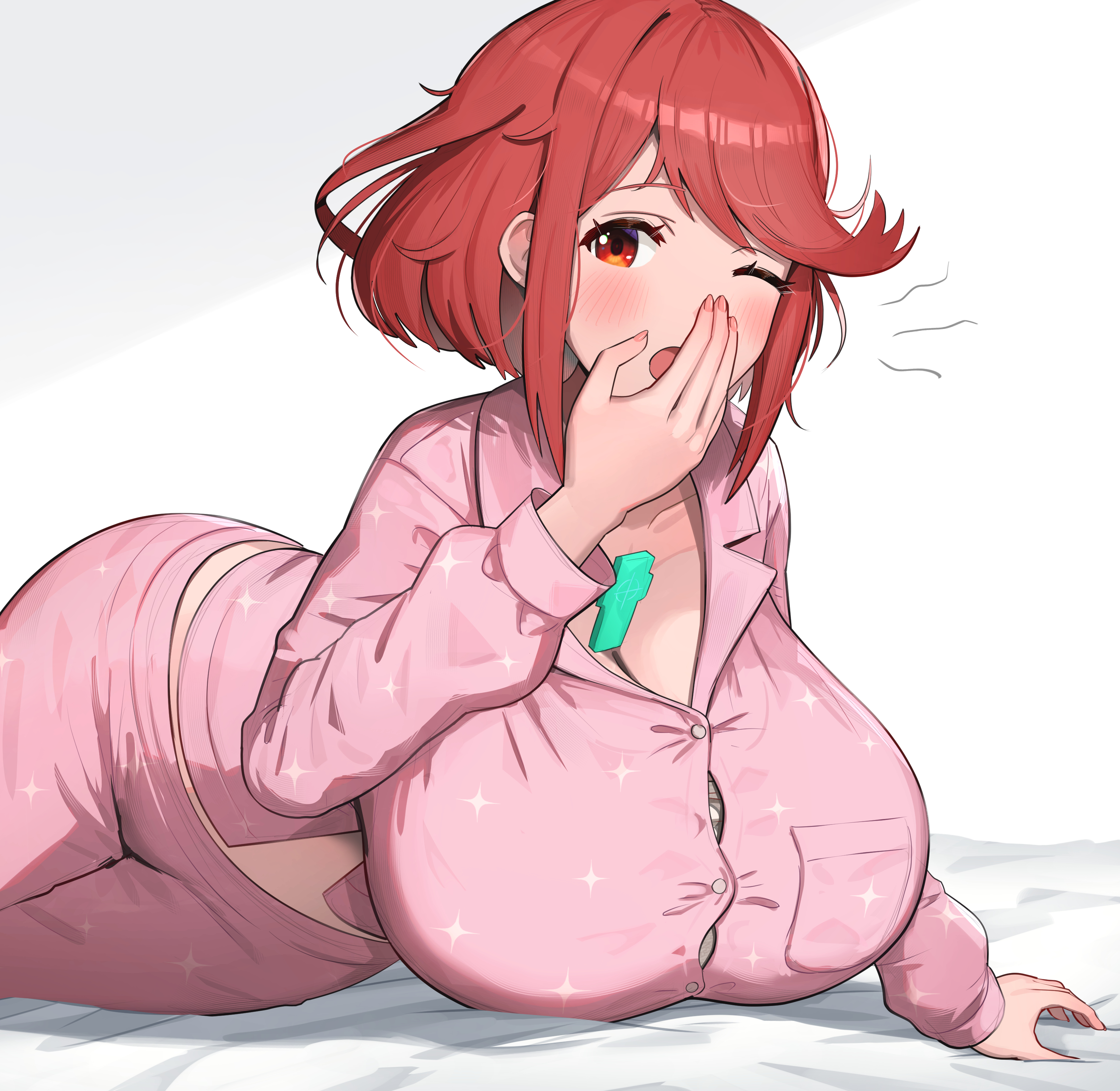 1girls, absurdres, alternate costume, breasts, female, female only, gonzarez, highres, huge breasts, nintendo, pajamas, pyra, pyra (xenoblade), red eyes, red hair, xenoblade (series), xenoblade chronicles (series), xenoblade chronicles 2
