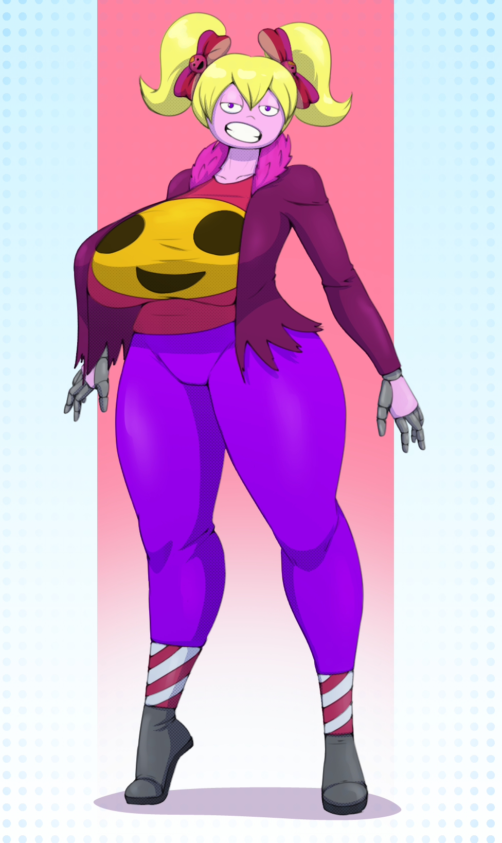 blonde_hair bowties breasts child_bearing_hips clothing color curvy diklonius female hi_res huge_breasts looking_at_viewer original original_character pink_skin ponytails purple_eyes sketch smiling smiling_at_viewer sona_(oc) thick_thighs tight_clothing voluptuous wide_hips