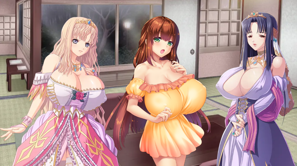 3girls angry angry_face bare_shoulders blue_dress breasts cleavage clothed_female crossover edited_image game_cg gigantic_breasts hotel_room huge_breasts hyper_breasts kyonyuu_fantasy kyonyuu_fantasy_gaiden kyonyuu_fantasy_gaiden_2 kyonyuu_onsen_kozukuri_no_yu luceria_von_diamante maou_ga_gendai_sekai_ni_tensei_shitara_oppai_o_medenakute_wa_naranaku_natta_ken married_woman massive_breasts mature_female multiple_girls nipples_visible_through_clothing pink_dress queen rokusaanu_do_dejiiru tiara yawato_iroha yellow_clothing