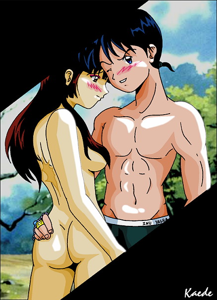 1boy 1girls abs artist_name ass black_hair blush boxers breasts brown_hair butt_crack canon_couple clothed_male_nude_female clothes eyeshadow female hand_on_ass inuyasha kaede_(artist) long_hair makeup male medium_hair miroku miroku_(inuyasha) muscle nippleless_male one_eye_closed outside partially_clothed pecs sango scar wink