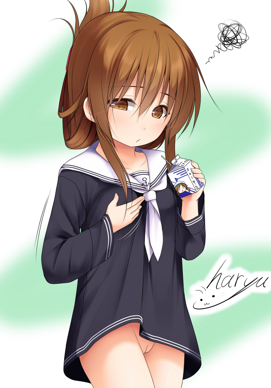 brown_eyes brown_hair female folded_ponytail haryuu_(poetto) highres inazuma_(kantai_collection) kantai_collection long_hair milk_carton no_panties pussy school_uniform serafuku signature