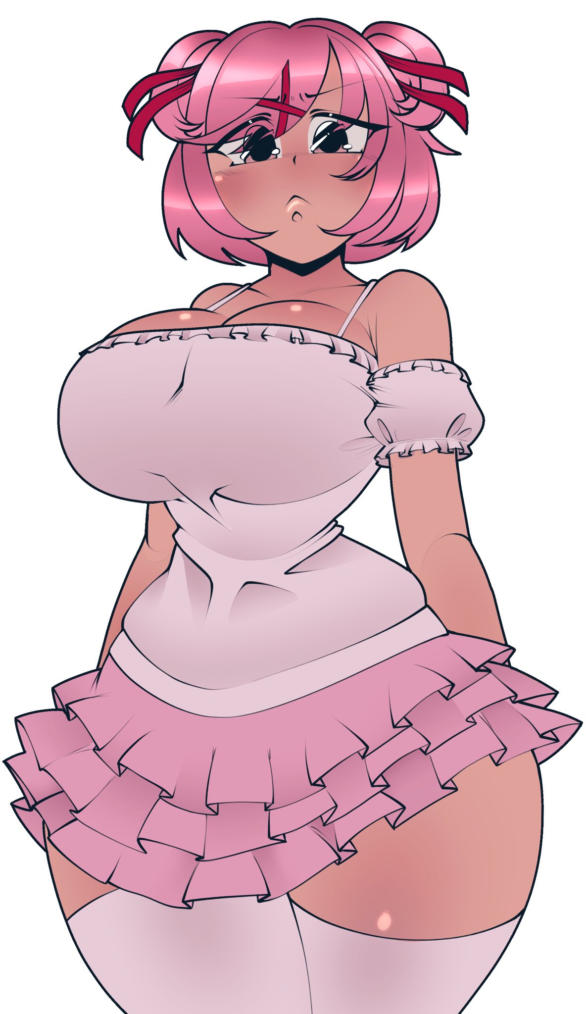 1girls big_breasts blush clothed_female cute doki_doki_literature_club female female_only frilled_skirt huge_breasts large_breasts looking_at_viewer natsuki_(doki_doki_literature_club) pink_hair pink_hair_female pink_skirt pinkbobatoo red_ribbon skirt thick_thighs thighhighs thighs twin_buns twintails voluptuous wide_hips