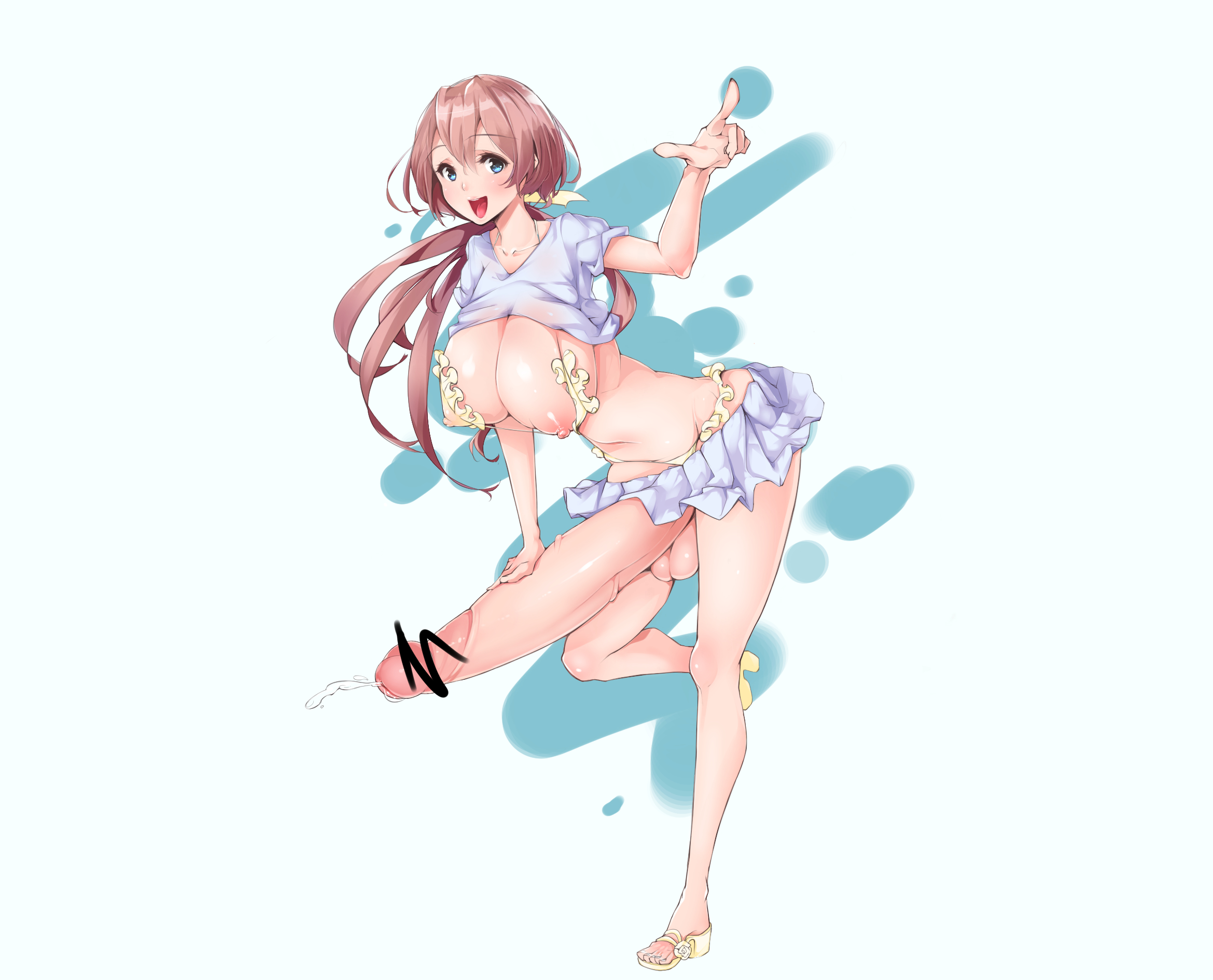 1futa, areola, balls, blue eyes, breasts, brown hair, c.i.a, censored, curvy, erect nipples, erection, erection under clothes, erection under skirt, futa only, futanari, huge breasts, hyper, hyper penis, intersex, large balls, nipple bulge, nipples, no panties, penis, penis out, penis under clothes, penis under skirt, ponytail, precum, precum drip, skirt, skirt lift, solo, tied hair