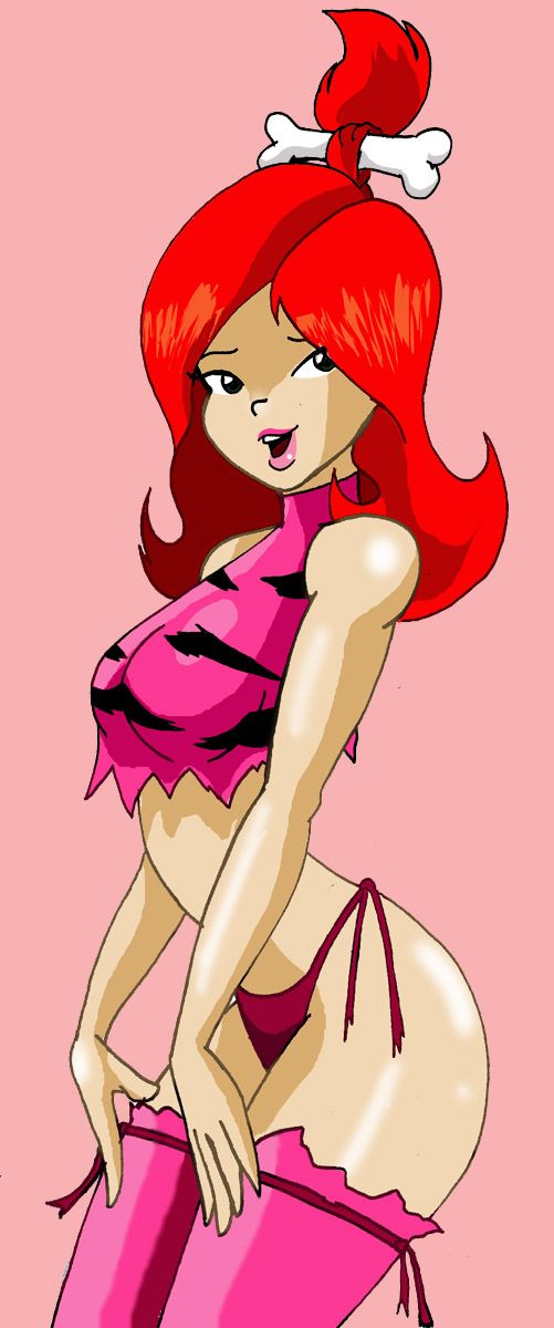 ass, bikini, bone, breasts, brown eyes, clothes, crop top, female, hair, hair ornament, hanna-barbera, large breasts, long hair, looking at viewer, open mouth, pebbles flintstone, pose, red hair, smile, solo, the flintstones, the pebbles and bamm-bamm show, thighhighs, toon, topknot