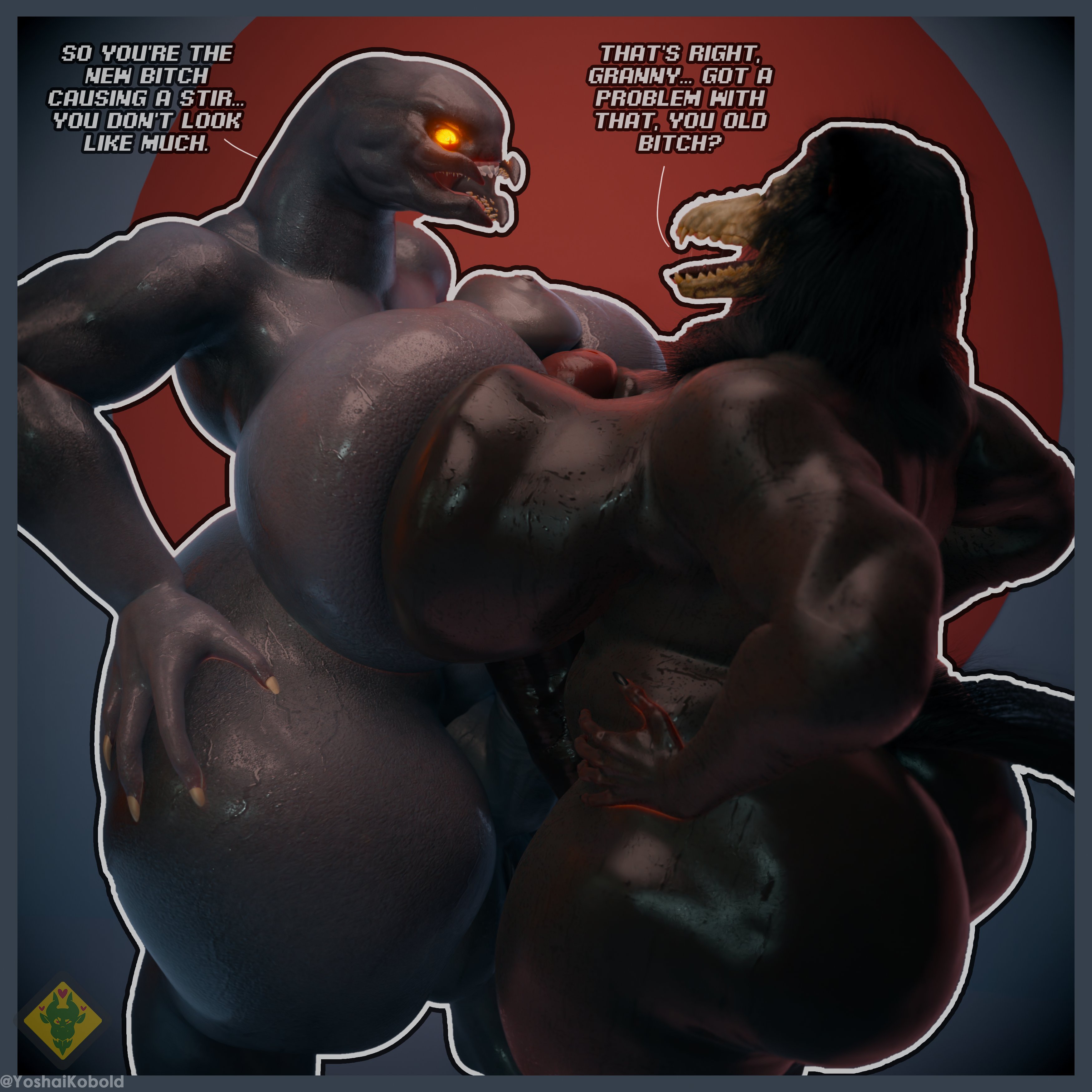 2futas, 3d, alien, alien futa, anthro, anthro futa, breast to breast, comparing, competition, crossover, dialogue, erect penis, erection, female sangheili, furry, furry futa, futa only, futa with futa, futanari, halo (series), huge ass, huge breasts, massive breasts, muscular futa, sangheili, scp foundation, scp-1471, scp-1471-a, scp-1471-a (lownart), simple background, thick ass, thick hips, thick legs, thick thighs, wide hips, yoshaikobold