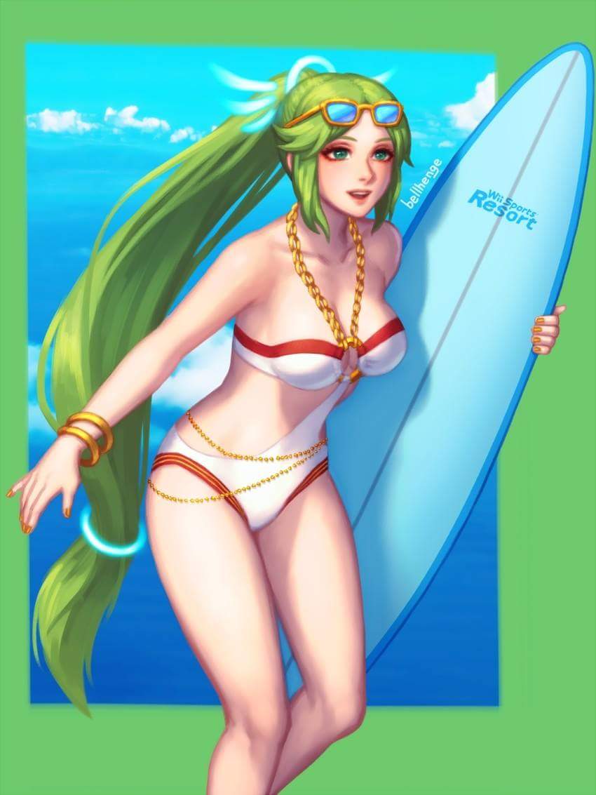 female, green hair, kid icarus, nintendo, palutena, summer, surfboard, water