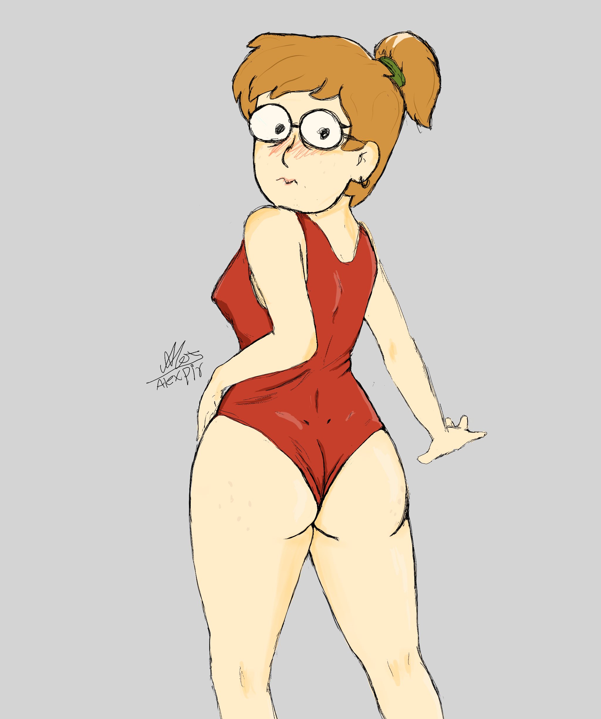 alexpir, ass, back view, blush, female, freckles, girlfriend, glasses, looking back, orange hair, smiling friends, swimming pool, swimsuit, zoey (smiling friends)