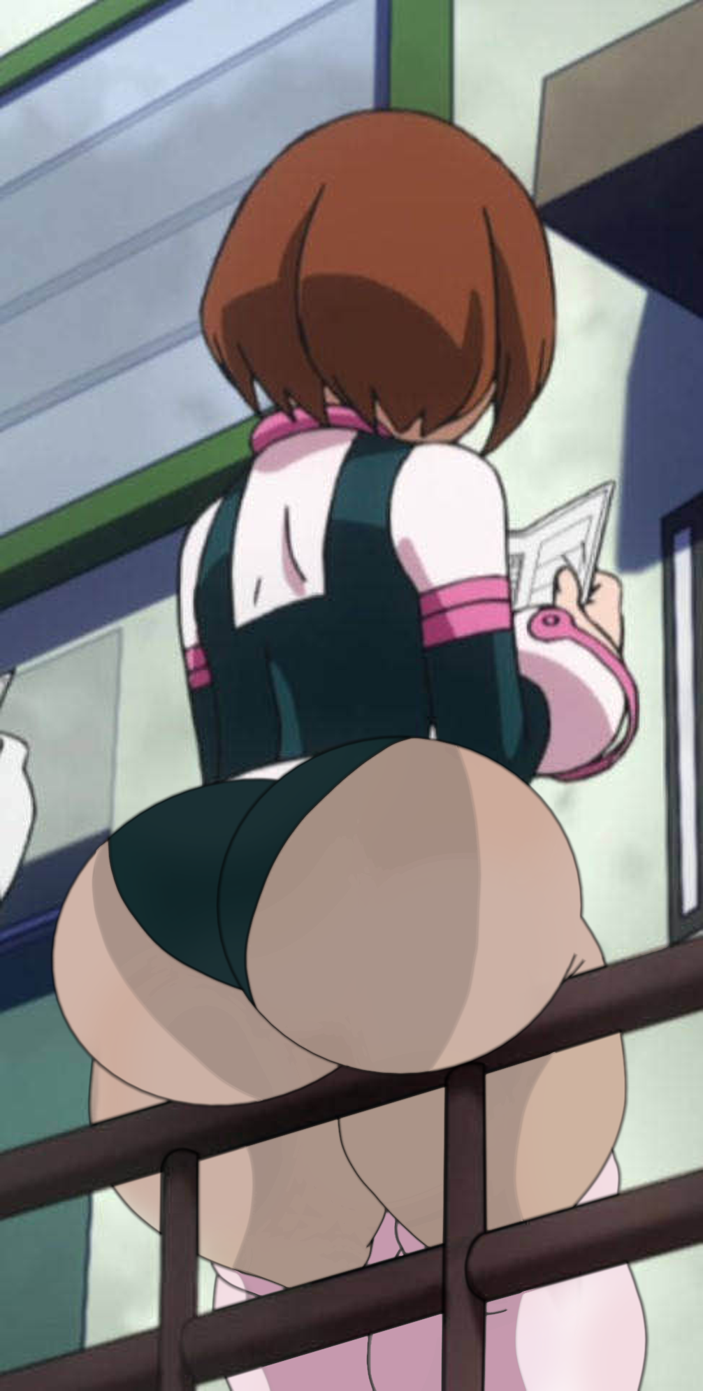 accurate_art_style ass_on_hand_rail back_view edit edited_image edited_official_artwork edited_screencap fat_ass from_behind huge_ass my_hero_academia notagoodguy1_(autor) ochako_uraraka ochako_uraraka_(hero_outfit) round_ass visible_ass