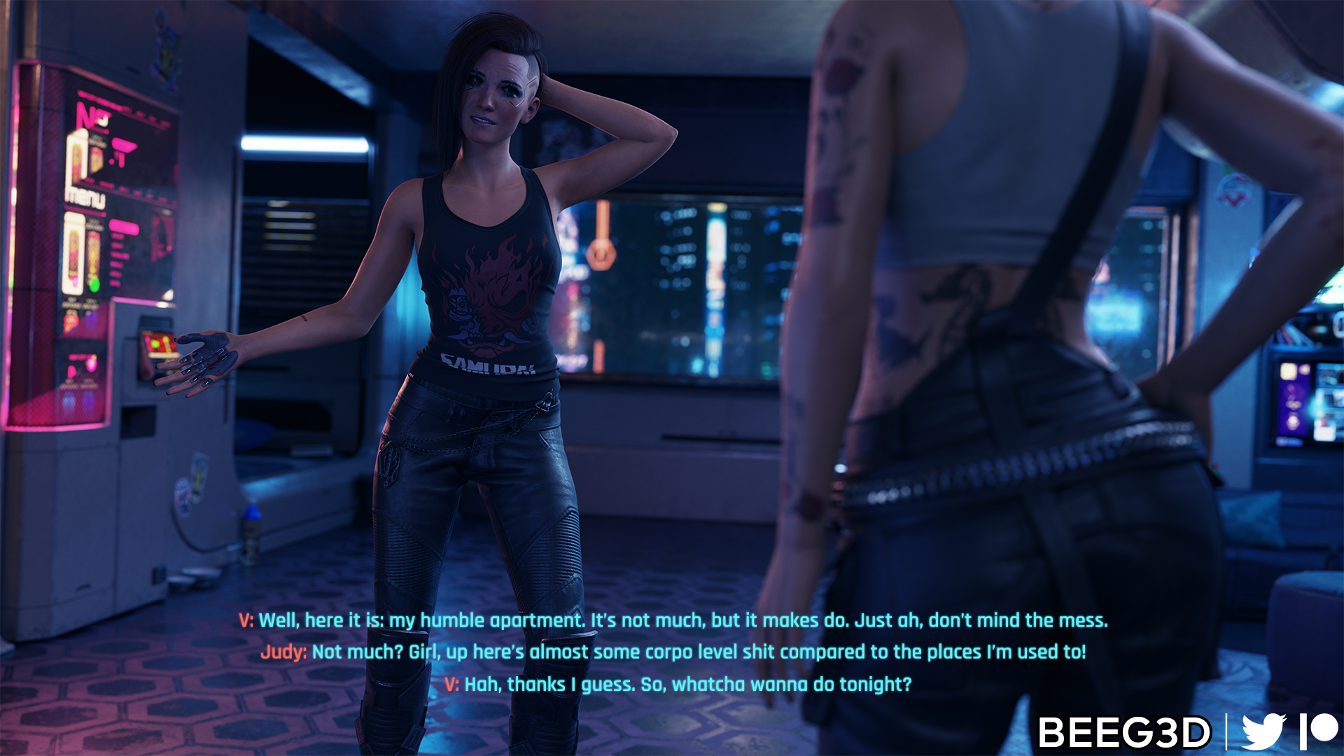 2girls, 3d, beeg3d, cd projekt red, clothed, cyberpunk 2077, english text, female, female only, green hair, judy alvarez, lesbian, light skin, light-skinned female, purple hair, tattoo, tattoos, text, v (cyberpunk 2077), valerie (cyberpunk 2077), yuri