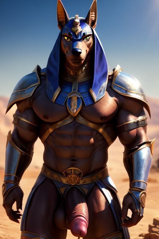 ai_generated anubis armor balls brown_body cock erect furry male muscular semi-naked semi-nude solo