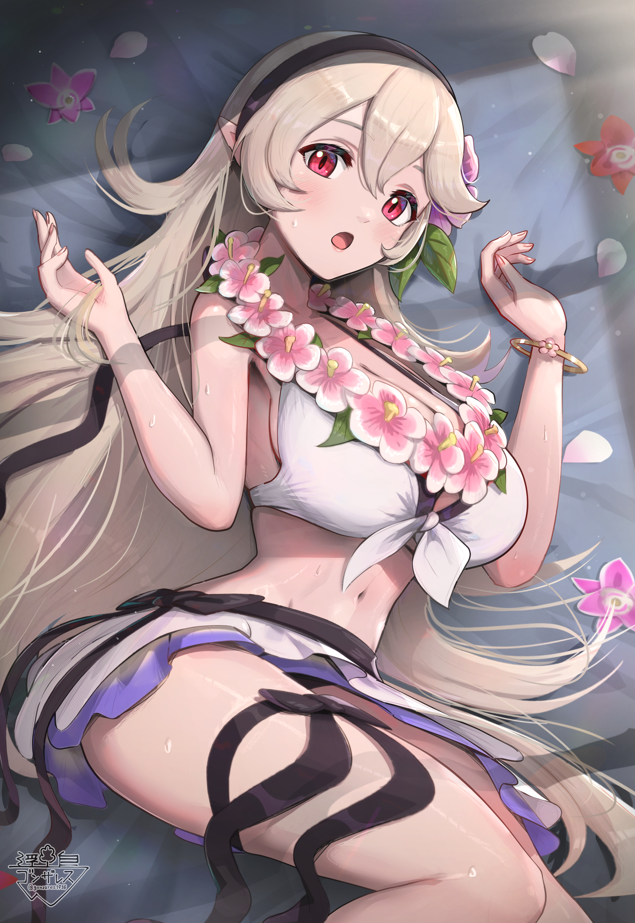1girls, absurdres, bikini, bikini skirt, black hairband, blonde hair, blush, breasts, cleavage, corrin (fire emblem), corrin (fire emblem) (female), female, female only, fire emblem, fire emblem fates, fire emblem heroes, flower, flower necklace, gonzarez, hair between eyes, hair flower, hair ornament, hairband, highres, jewelry, large breasts, lei, long hair, looking at viewer, lying, midriff, navel, necklace, nintendo, official alternate costume, on side, open mouth, pointy ears, red eyes, slit pupils, solo, sweatdrop, swimsuit, white bikini