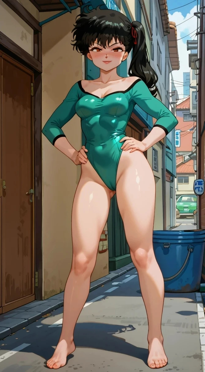 ai_generated asian asian_female athletic_female bare_legs bare_thighs black_hair brown_eyes gym_clothes huge_breasts huge_thighs kodachi_kuno light-skinned_female light_skin looking_at_viewer momohachi_r ranma_1/2 side_ponytail smiling solo_female squatting sweat sweatdrop thick_thighs thighs voluptuous voluptuous_female