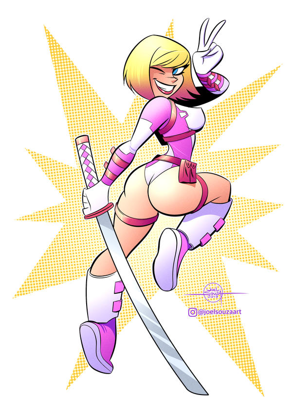 1girls ass big_ass blonde_female blonde_hair blue_eyes gwenpool joelsouzaart katana leotard marvel marvel_comics short_hair smile solo solo_female sword thighs