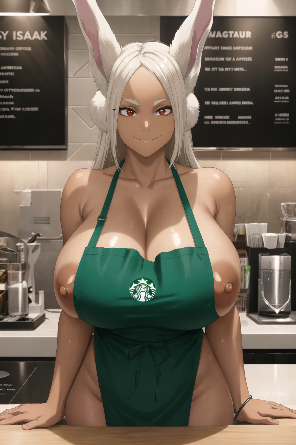 ai_generated apron areola areola_slip areolae big_areola big_breasts brown_skin huge_areolae iced_latte_with_breast_milk large_areolae mirko