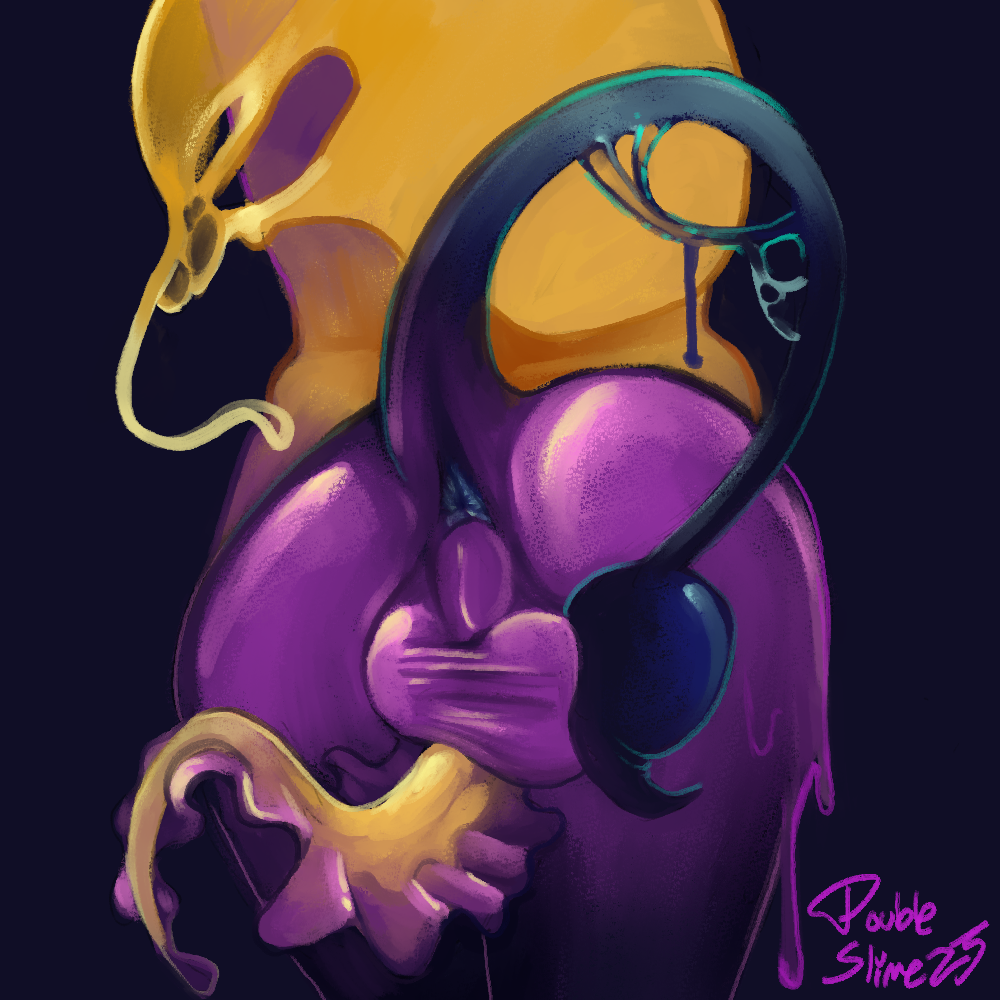 anthro anus arachnid arthropod ass ball_fondling balls balls_touching digital_media_(artwork) double_slime dripping erection facing_away_from_viewer fondling genitals goo_creature goo_hair julian_vouxler_(double_slime) male orange_body penis pseudo_hair puckered_anus purple_body scorpion simple_background slime solo stinger tail unusual_anatomy unusual_genitalia unusual_penis