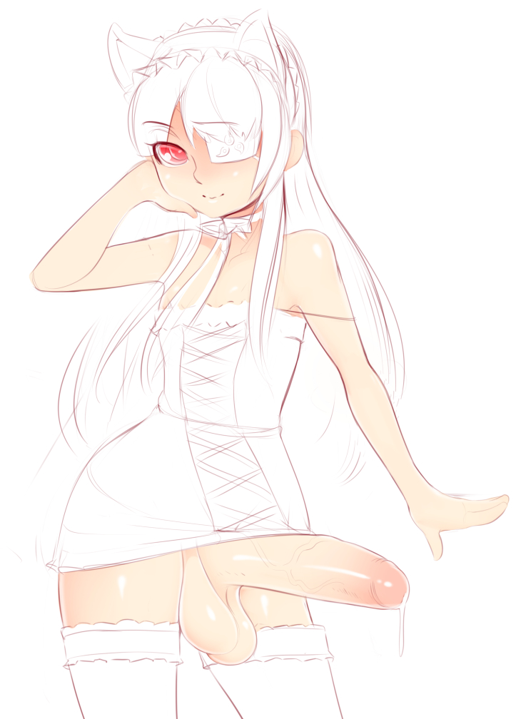 1futa, balls, erection, futa only, futanari, intersex, large penis, long hair, mirai (senran kagura), necrosmos, penis, precum, red eyes, senran kagura, simple background, solo, teapot (body type), testicles, white background