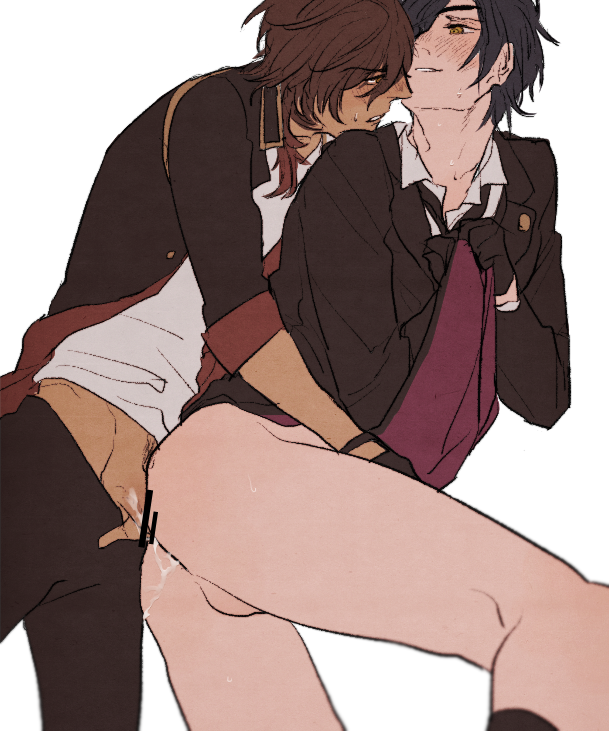 2boys anal ass blush bottomless censored cum cum_in_ass cumdrip eye_patch flat_colors gloves happy_sex joy-pix male_only multiple_boys ookurikara penis sex shokudaikiri_mitsutada socks tattoo touken_ranbu white_background yaoi