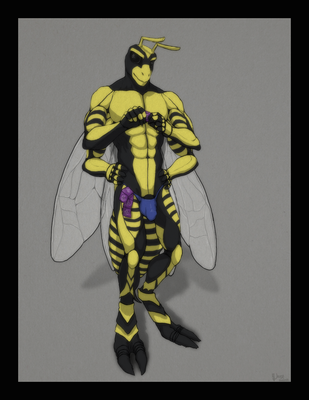 4_arms arthropod bulge clothing condom digitigrade g-string insect_wings insects male male_only multi_arm multi_limb pinup pose rubber underwear vaisz wasp wings xolani